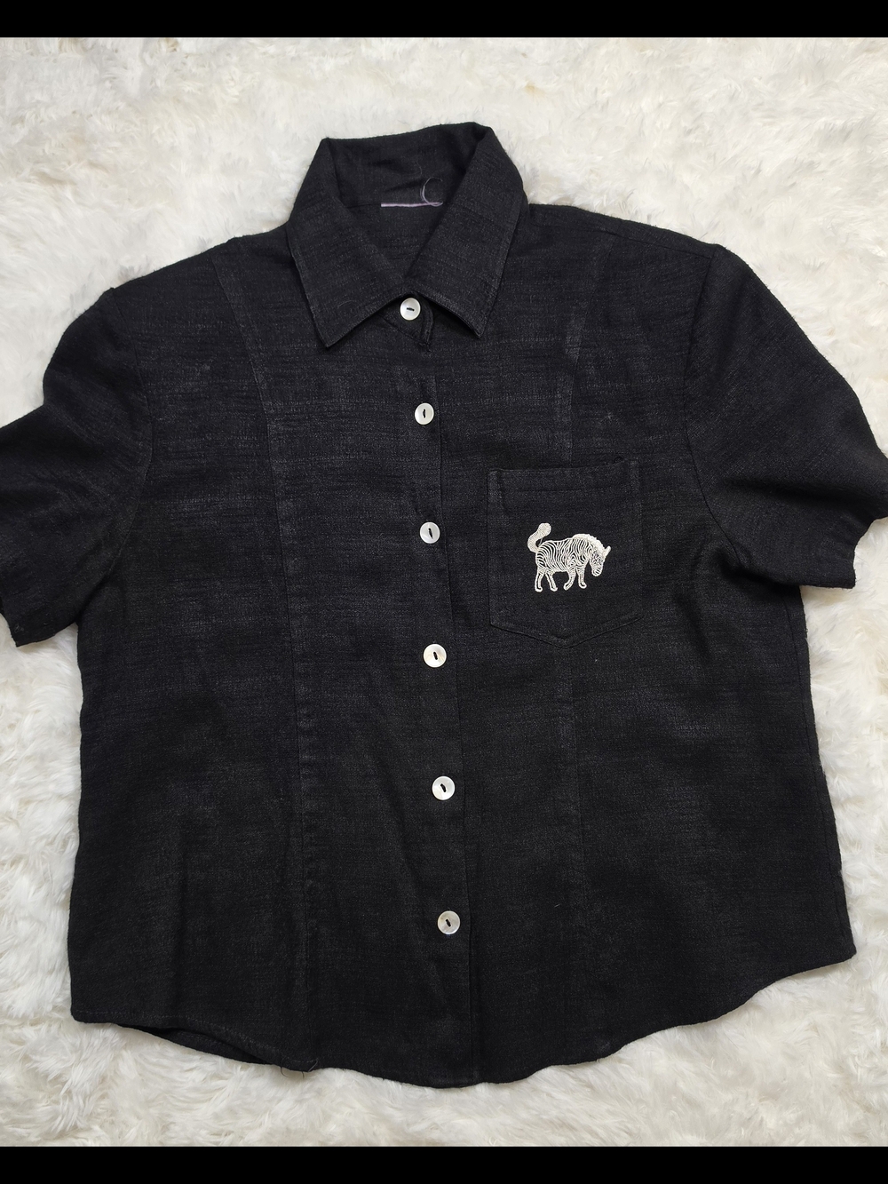 Black Short-Sleeve Button-Up Shirt with Embroidered Pocket Zebra Unicorn Small